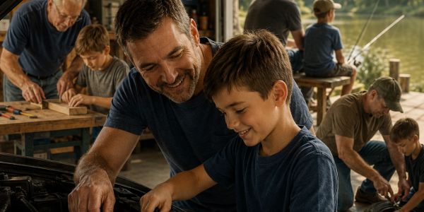 Family bonding with father and son working on projects together.