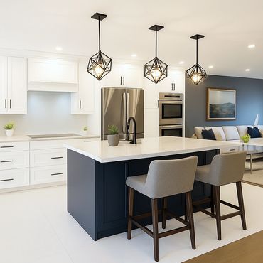 Modern kitchen with dark island, white countertops, and geometric pendant lights.