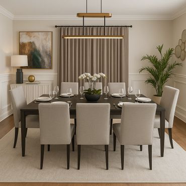 Elegant dining room with beige chairs and dark wood table.