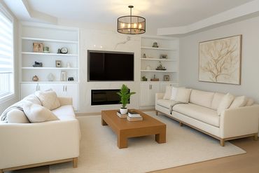 Modern living room with neutral tones and minimalist decor.