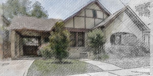 Architectural sketch of an Arts and Craft home with a porch.