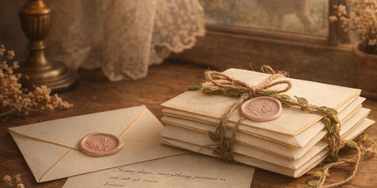 Poetic Rooted Whisper letters bundled with twine and wax seal on wooden table