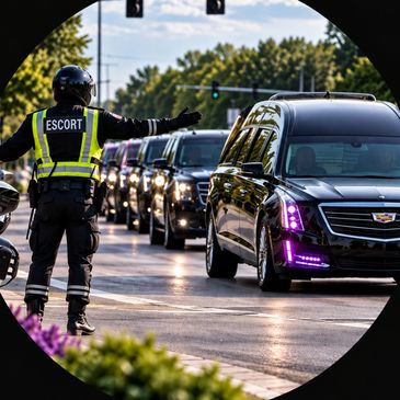 Escort directing a motorcade of black vehicles.