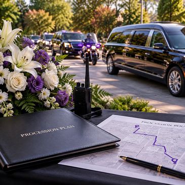 Funeral procession planning setup with flowers and map.