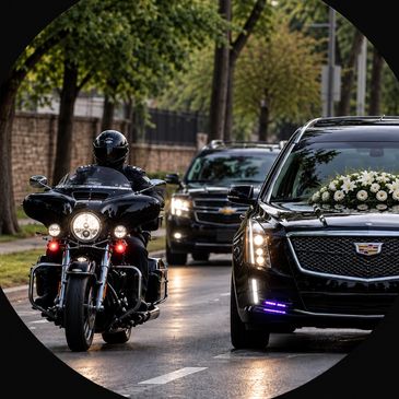 Motorcycle escort leading a funeral procession with a decorated hearse.