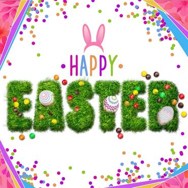 Grass-effect letters with confetti and easter eggs