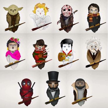 Cartoon owls representing famous people and actors
