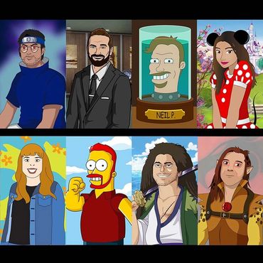 Different people drawn in different cartoon styles
