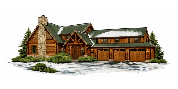 A rustic log cabin with green roofs and stone chimney in a snowy setting.