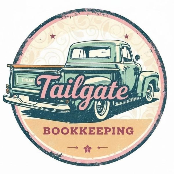 Vintage logo of a pickup truck with 'Tailgate Bookkeeping' text.