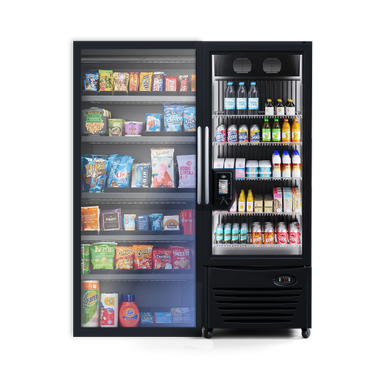 Modern vending machine with snacks and beverages behind glass doors.