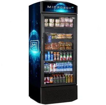 A sleek Microbox AI refrigerated vending machine stocked with drinks and snacks.
