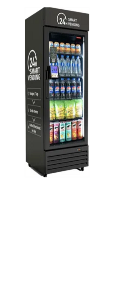 A 24-hour smart vending machine stocked with drinks and snacks.