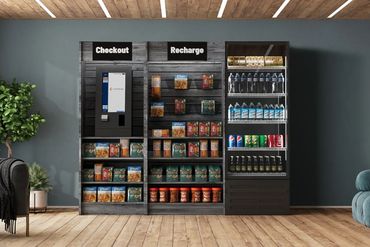 Modern self-service snack and drink station with checkout and recharge options.