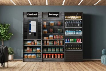 Modern self-service snack and drink station with checkout and recharge options.