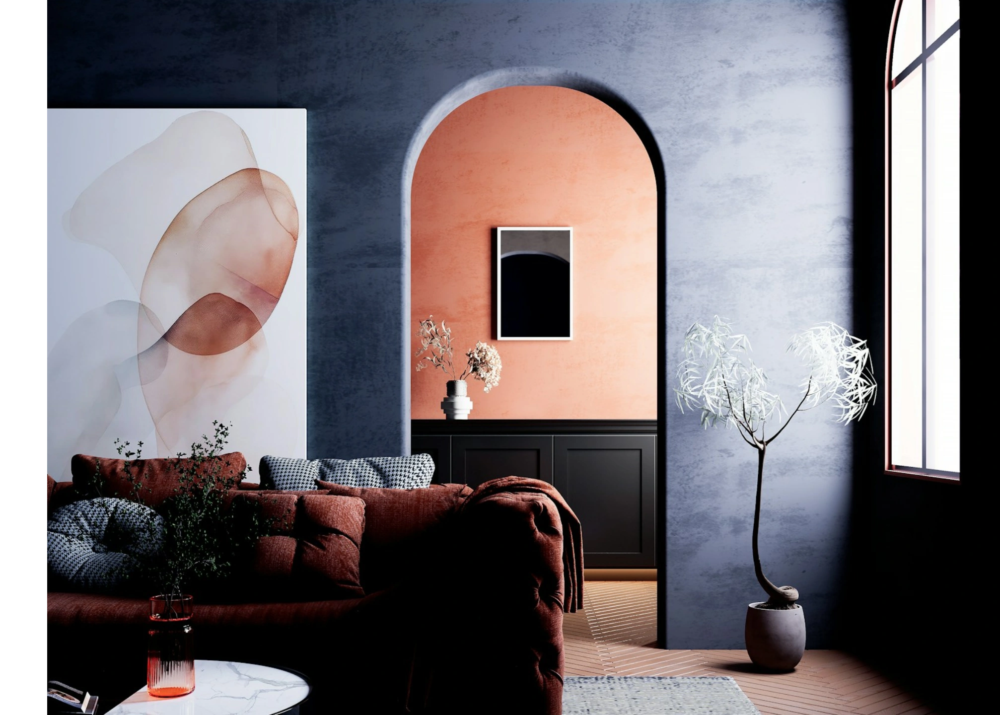 Modern living room with cozy brown sofa and abstract art on blue walls.