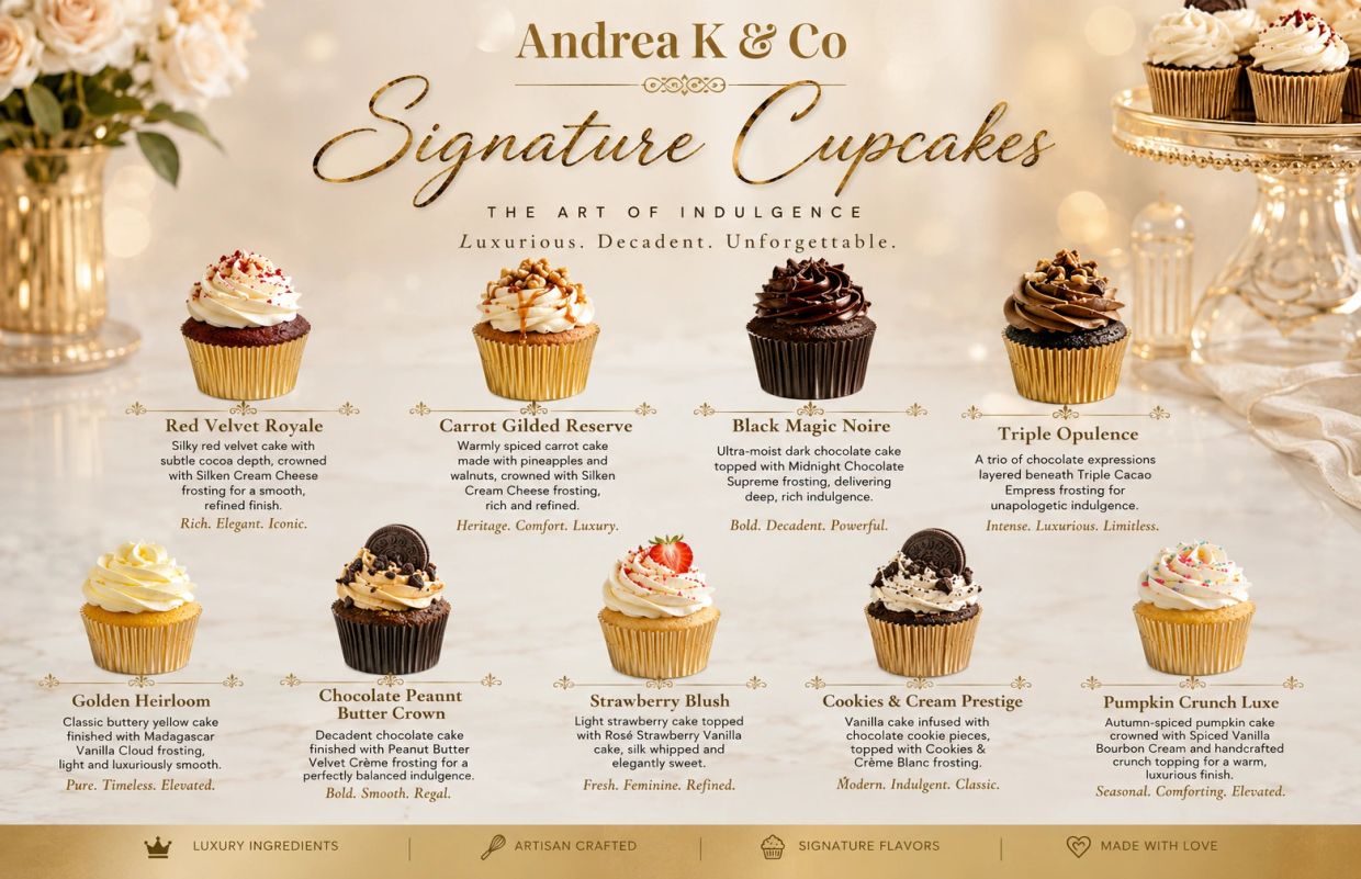 Menu showcasing luxurious signature cupcakes by Andrea K & Co.