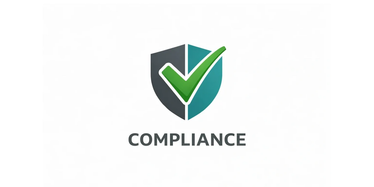 Shield and green checkmark symbolizing compliance and security.