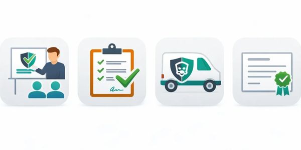 Icons representing training, checklist, secure delivery, and certification.