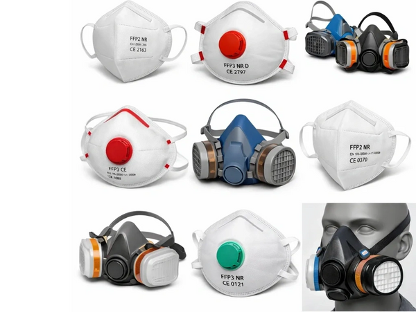 Various types of protective respirator masks with different filters and valves.