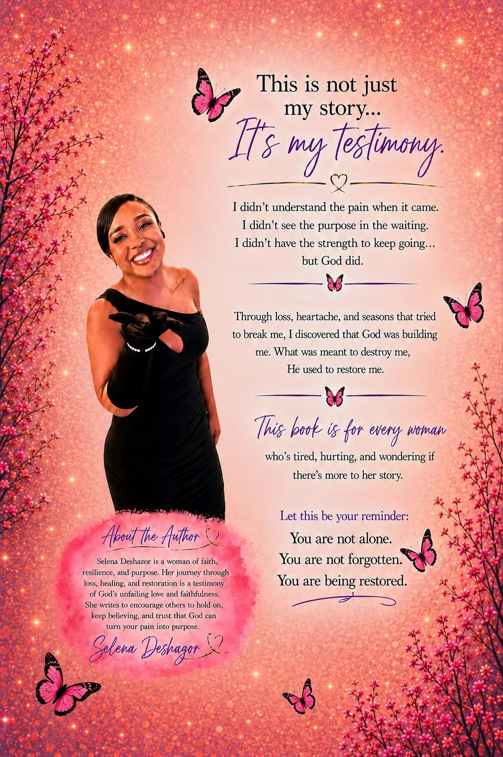 A woman shares her inspirational testimony about faith, resilience, and restoration with a vibrant butterfly and floral background.
