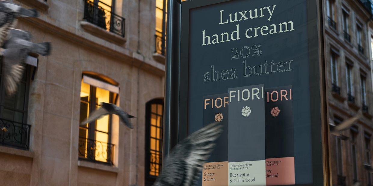 Fiori Luxury hand cream billboard shown in a city environment