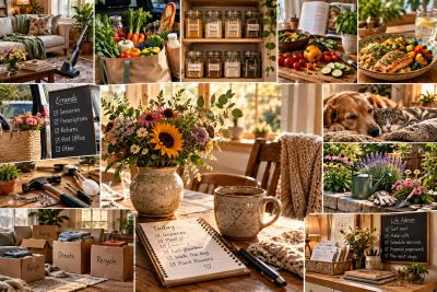 Cozy home with fresh food, flowers, and pets.