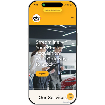 Mobile screen showing Gateway to Stock website homepage with service registration.