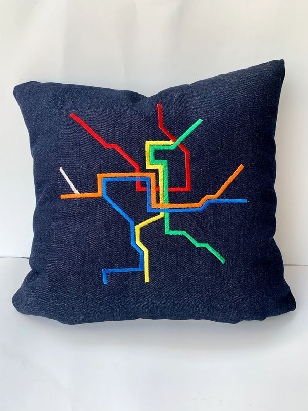 embroidered pillow with DC metro map