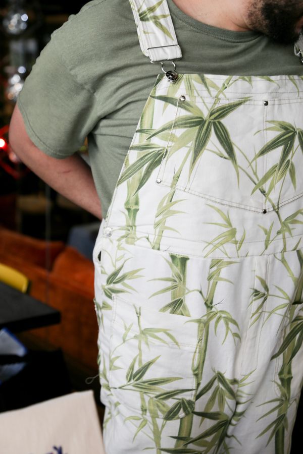 overalls with palm plant pattern