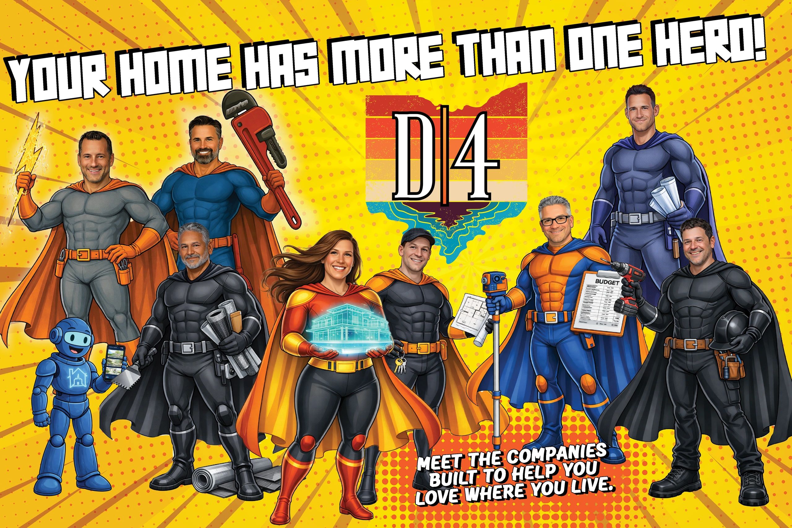 Superhero-style team promoting home services.