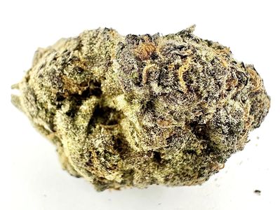 Close-up of a dense cannabis bud with trichomes and orange hairs.