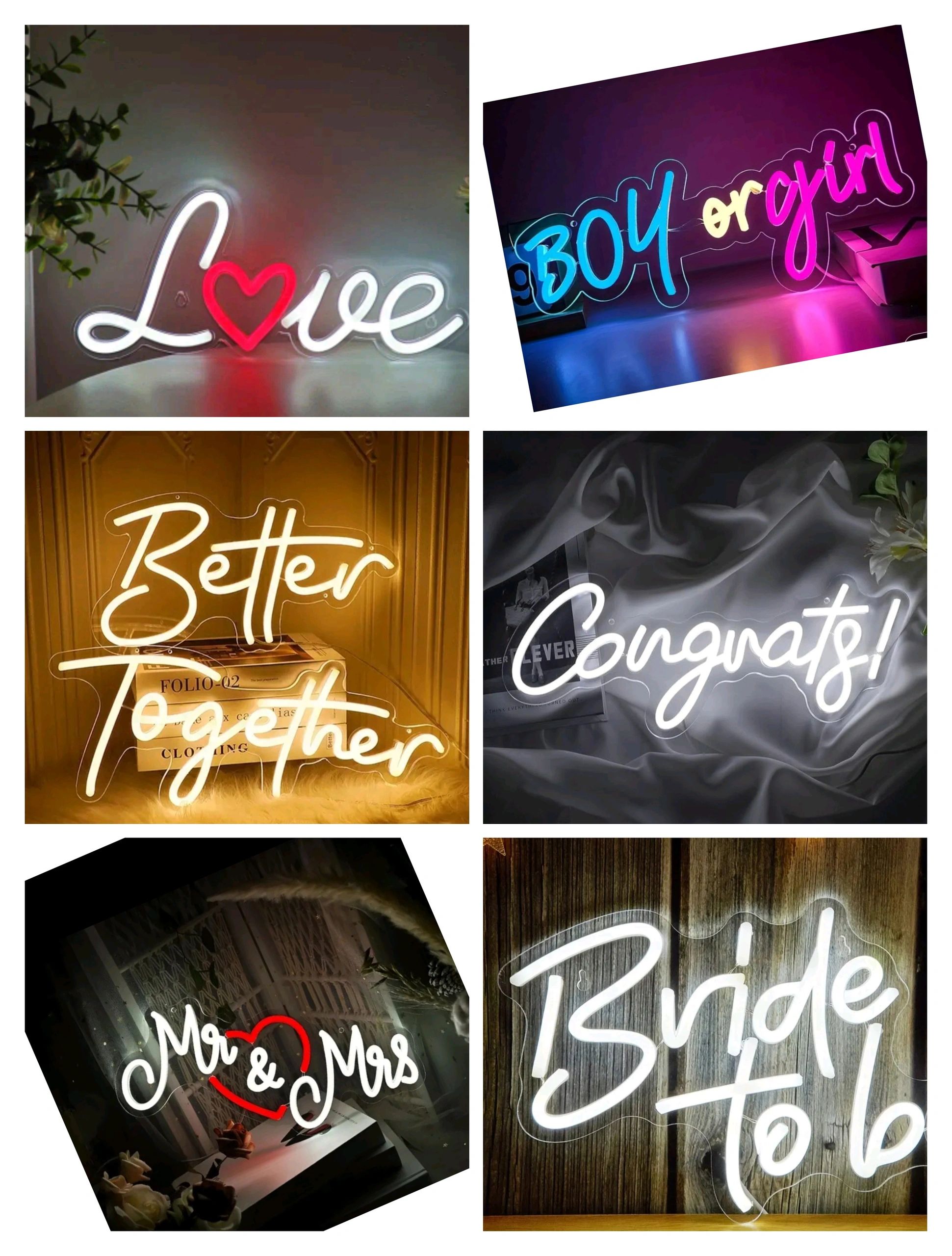 Neon light signs with romantic and celebratory words.