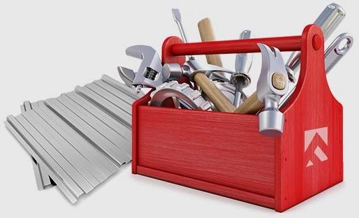 Red toolbox filled with various hand tools next to a set of metal roof panels.
