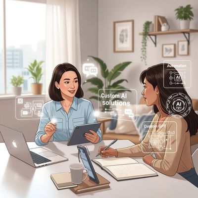 Illustration of two women sitting at a desk facing each other and talking.