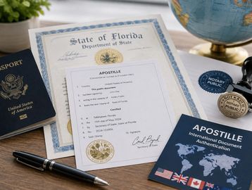 A Florida apostille certificate with related documents and a passport.