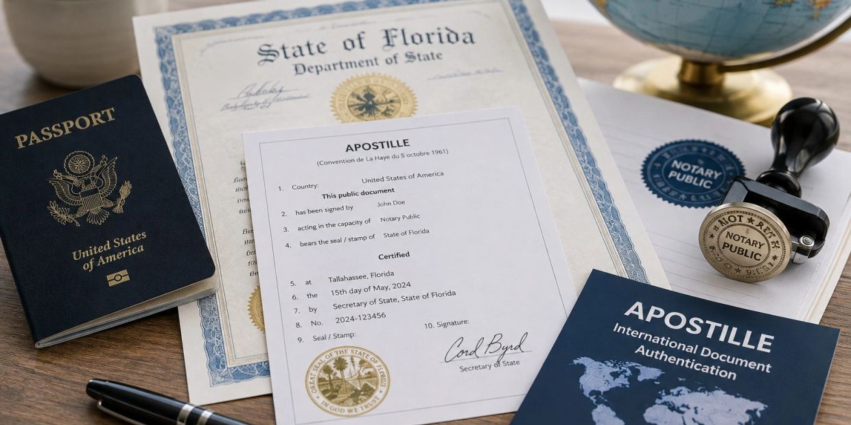 A passport, apostille certificate, and notary public stamp on a table.