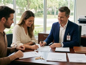 Couple signing documents with a real estate agent.