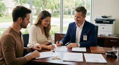 Couple signing documents with a professional in an office.