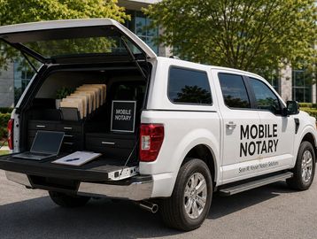 Mobile notary service vehicle with open rear door.