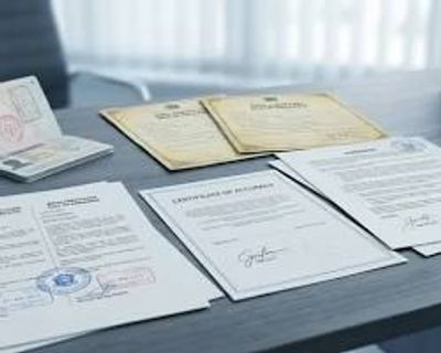Documents and certificates spread out on a table.