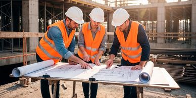 Three construction workers in safety gear reviewing blueprints on-site.