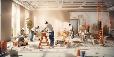 Workers renovating a spacious room with construction tools and materials.