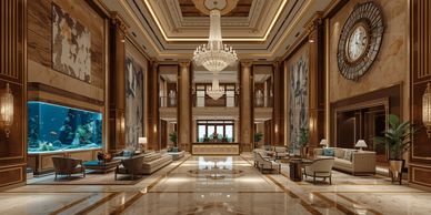 Luxurious hotel lobby with chandeliers and an aquarium.