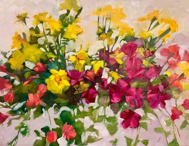 Summer, flowers, pink, yellow, oil painting, garden