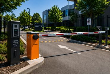 Entrance gate with security barrier and intercom system at a business park.