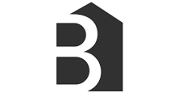 Black and white logo with letter B and house shape.