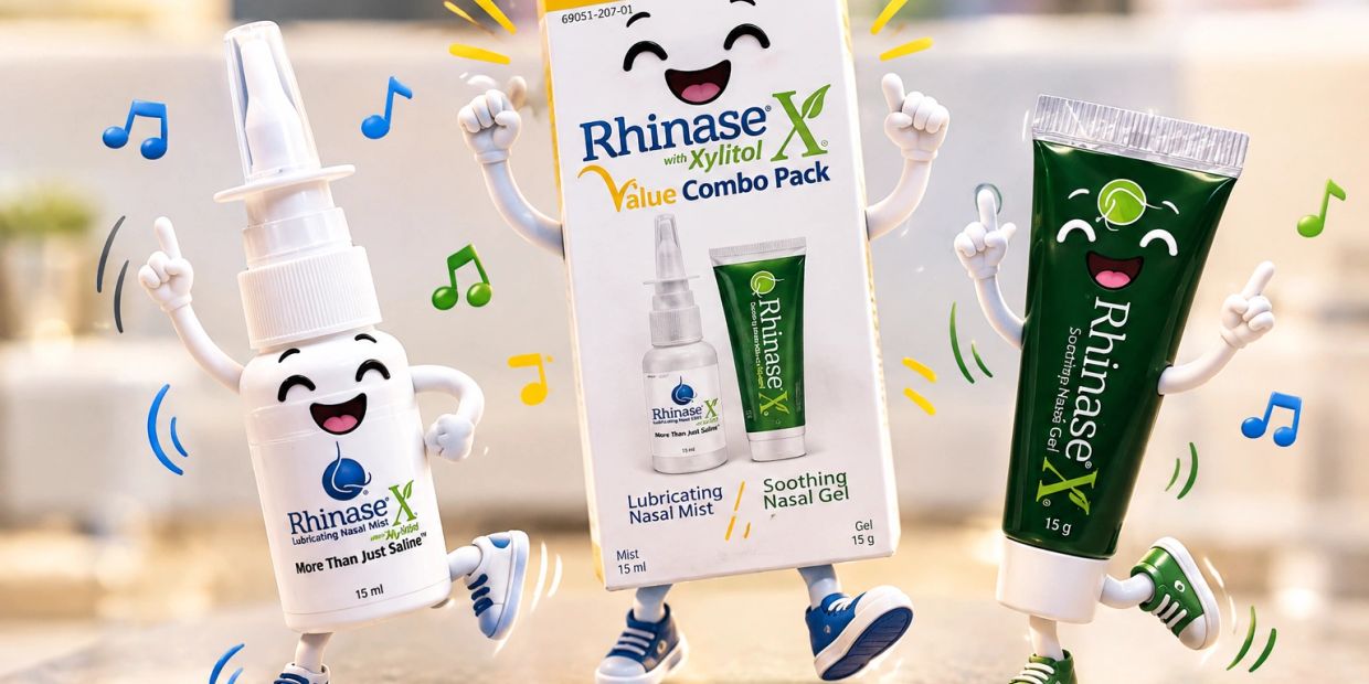 Animated Rhinase nasal care products dancing joyfully with music notes.