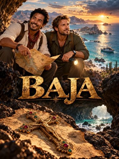 Two men exploring with a map at sunset near the ocean.