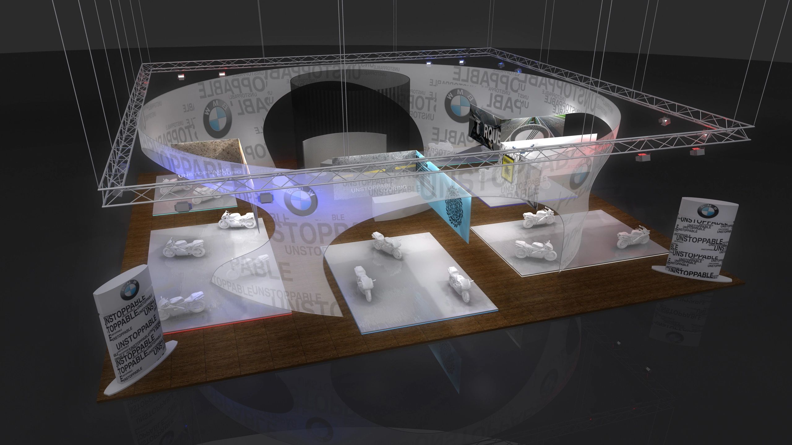 Exhibition booth showcasing BMW motorcycles with modern design and lighting.